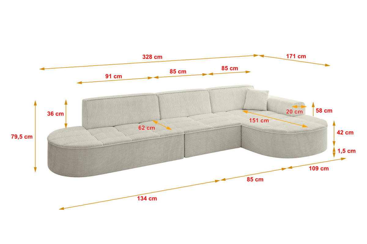 ECKSOFA Ottomane Rechts TARO-L2 - 328x171x79,5 cm Creme - Hellgrau/Creme, Holzwerkstoff/Textil (328/171cm) - ALTDECOR