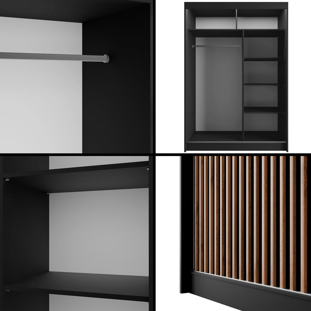 KLEIDERSCHRANK mit LED, Lamel-Schiebetüren VILANv2 - 120 cm Schwarz + Lamelle Eiche Wotan - Eiche Wotan/Schwarz, Holzwerkstoff (120/215/61cm) - ALTDECOR