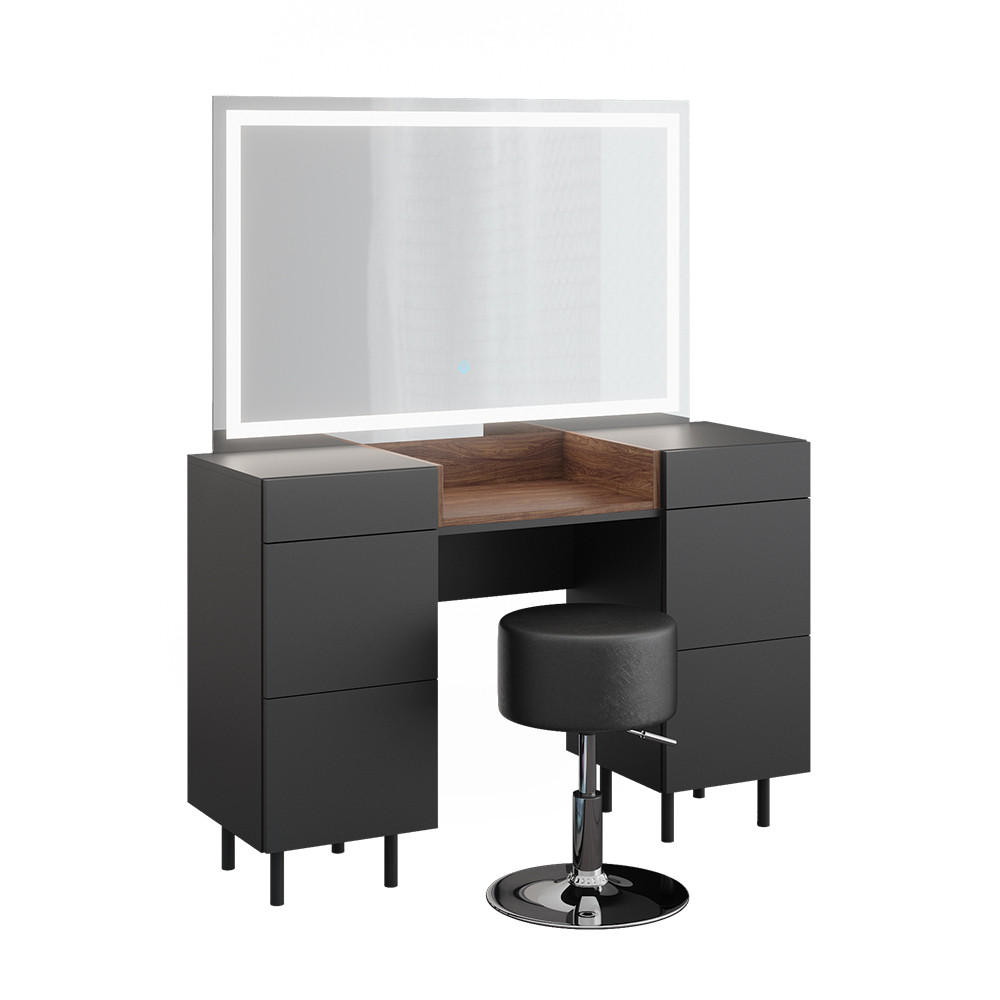 SCHMINKTISCH Anika Anthrazit 120 cm mit LED Spiegel und Hocker - Anthrazit/Walnussfarben, Holzwerkstoff (120/80/40cm) - Vicco
