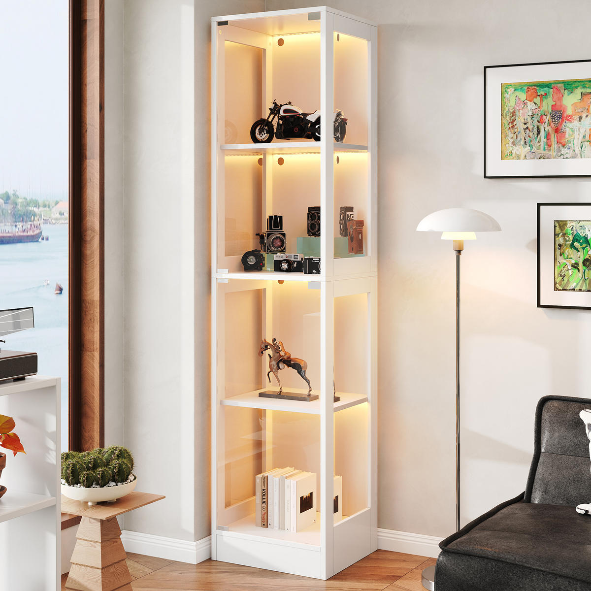 VITRINE Vitrinenschrank mit vier Ebenen Stauraum aus MDF und gehärtetem Glas, platzsparend, modern, Einzeltür Design - Weiß, Glas/Holzwerkstoff (40/170/35cm) - EVRYAE