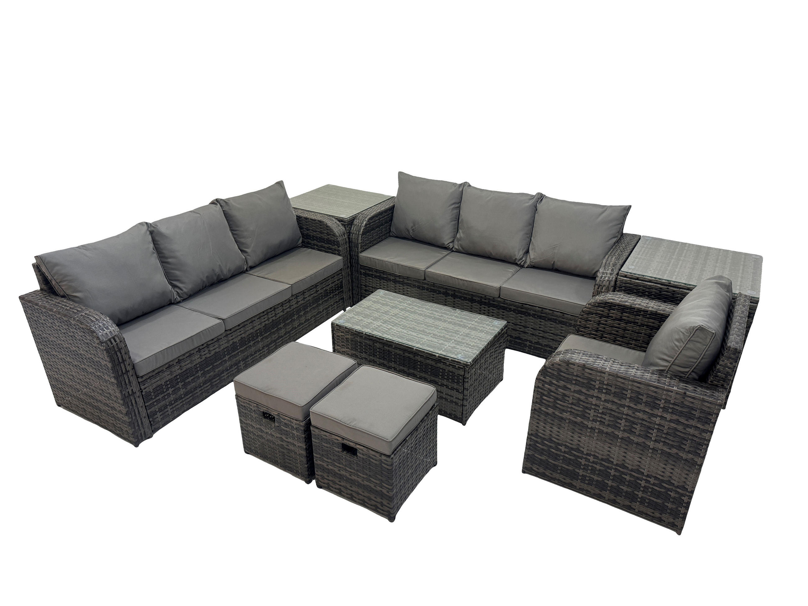 GARTENMÖBEL-SET mit Kissen Polyrattan Dunkelgrau 9-Sitzer - Dunkelgrau/Grau, Glas/Kunststoff - Fimous