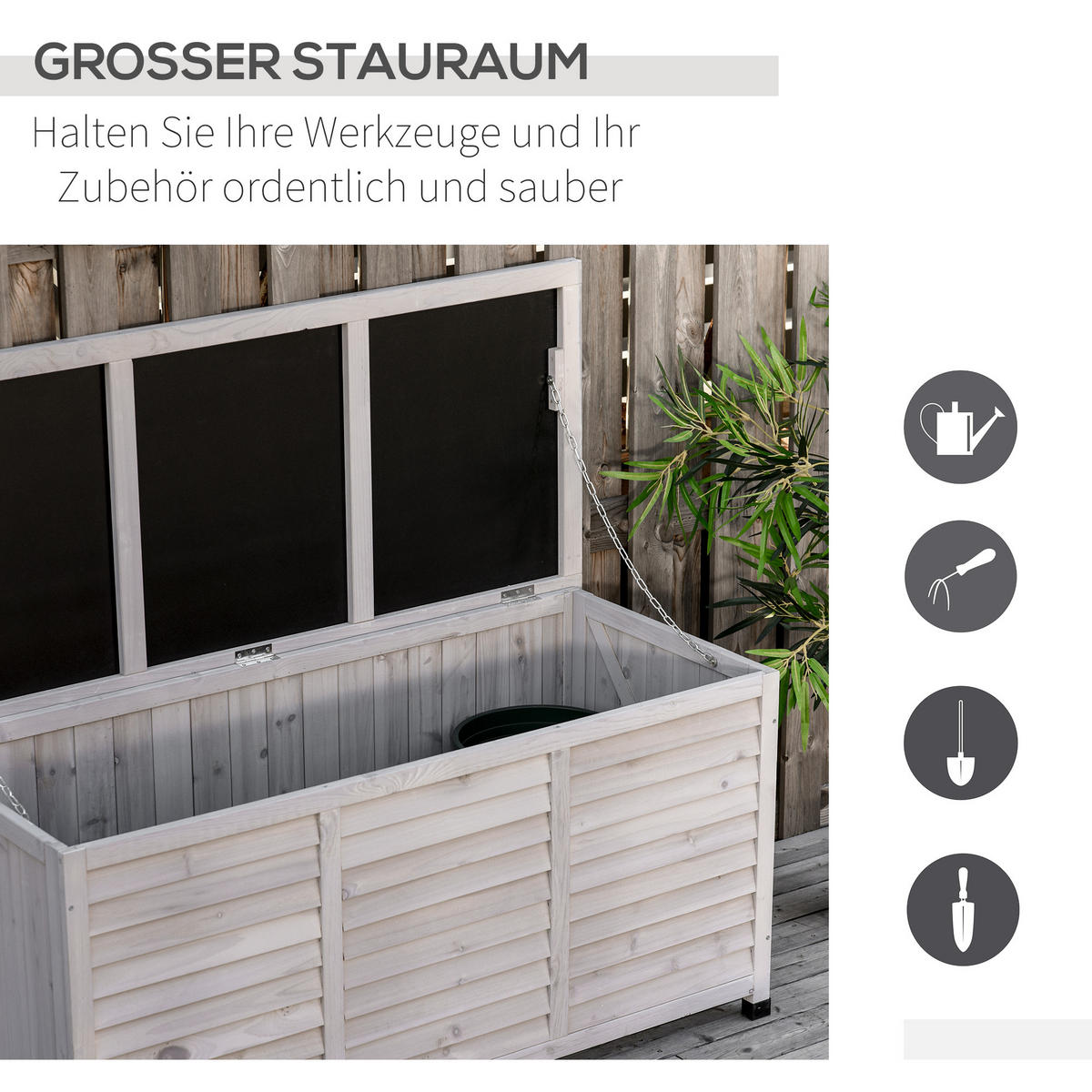 GARTENBOX Kissenbox Aufbewahrungsbox Gartentruhe, wetterbeständig, Massivholz, Grau - Hellgrau, Holz (56/60/127cm) - Outsunny