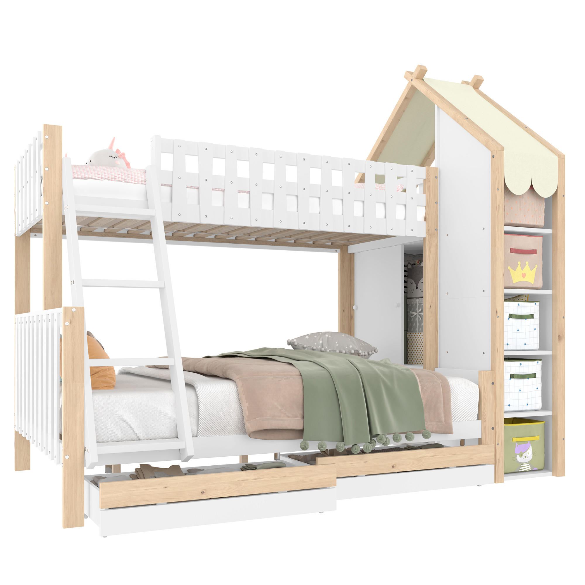 ETAGENBETT 90/200 cm & 140/200 cm in Weiß & Natur Kinderbett mit 2 Schubladen, Regal und Hausdach - Weiß/Naturfarben, Holz/Holzwerkstoff (90/200cm) - STILVORA