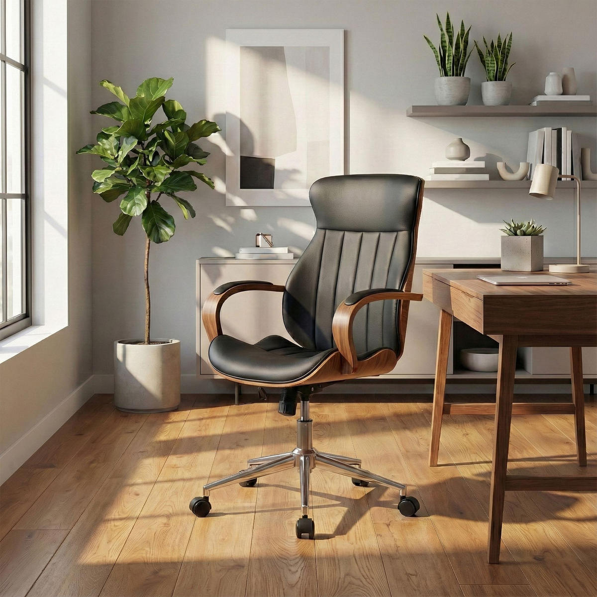 DREHSTUHL Lederlook Walnuss/Schwarz - Chromfarben/Walnussfarben, Textil/Metall (63/100/68cm) - CLP