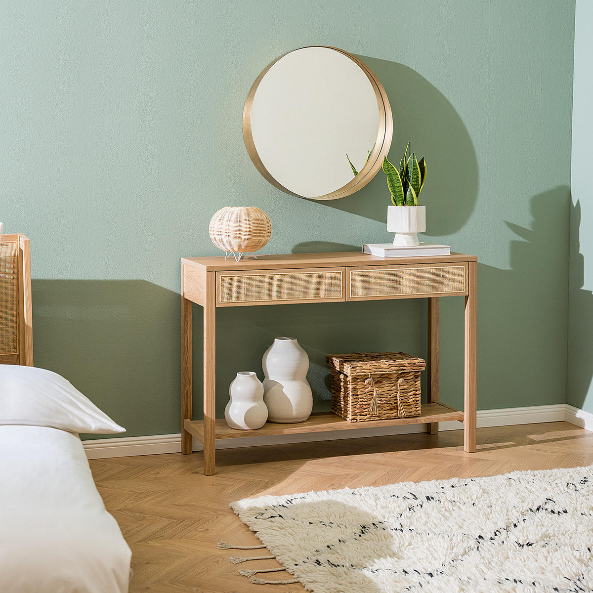 KONSOLENTISCH - Rattan / Eiche teilmassiv - Beige, Holzwerkstoff (35/110/75cm) - home24