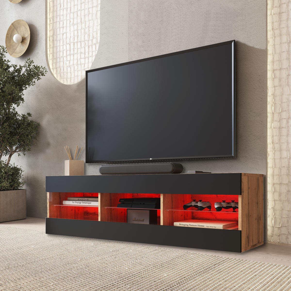 LOWBOARD TIVOLI RTV 140, Schwarz, LED Mehrfarbige - Eiche Wotan/Schwarz, Glas/Holzwerkstoff (140/40.5/35.5cm) - Komodee
