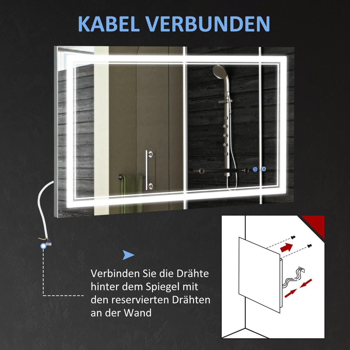 BADSPIEGEL mit LED-Beleuchtung, Touchschalter, IP44 Wasserdicht, 100 x 60 cm - Silberfarben, Glas (60/3.2/100cm) - Kleankin