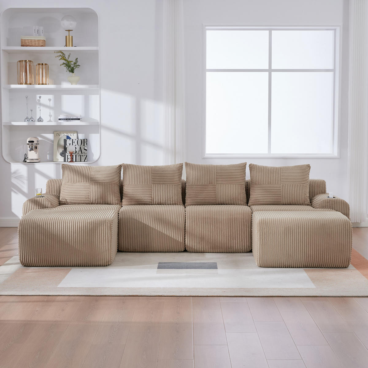 4-SITZER Wohnlandschaft Cord mit Getränkehalter und Seitentasche 333/174/80 cm Sandfarben - Sandfarben, Textil (174/80/333cm) - Redom