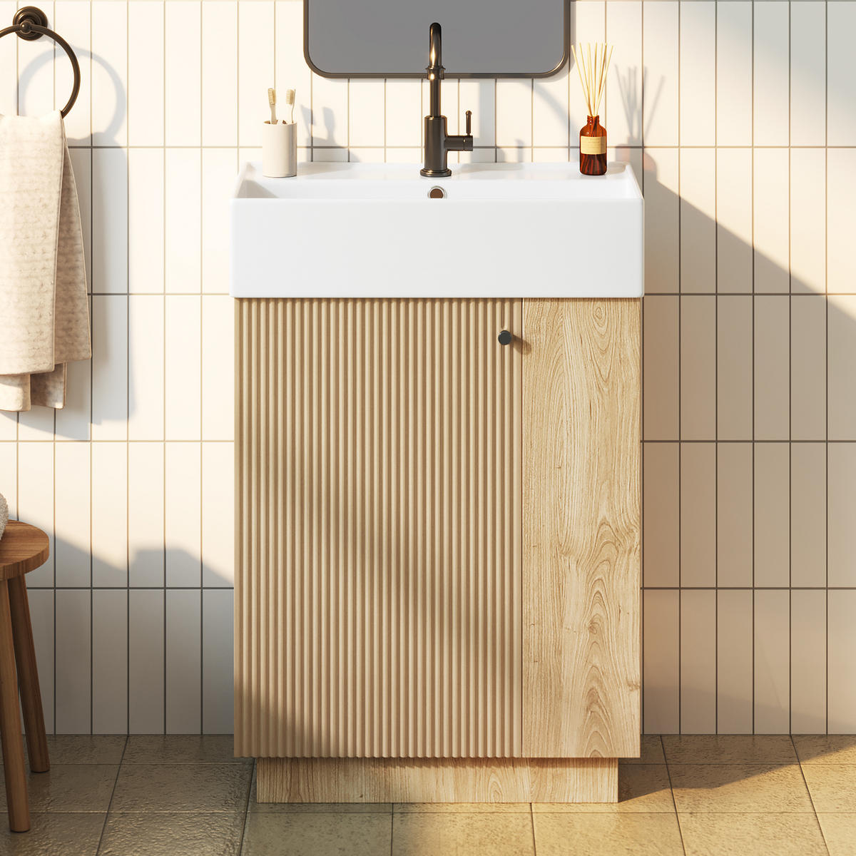 BADEZIMMERSCHRANK Waschbeckenunterschrank Rillenoptik Keramik 55cm - Naturfarben, Keramik (55/87/32cm) - FLIEKS