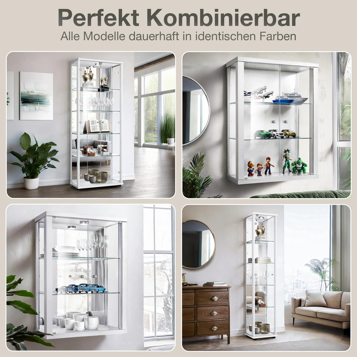 GLASVITRINE 33/37/176 cm mit LED & 4 höhenverstellbaren Glasböden - Transparent/Silberfarben, Glas/Holzwerkstoff (37/176/33cm) - K-Möbel