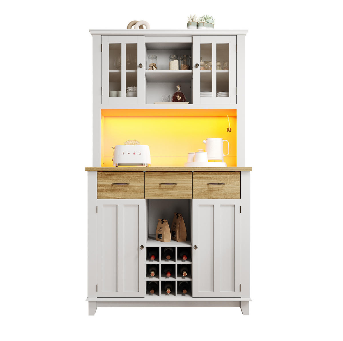 KÜCHENBUFFET 106/40/179,5 cm weiß aus MDF mit LED-Beleuchtung - Weiß, Holzwerkstoff (106/179.5/40cm) - OKWISH