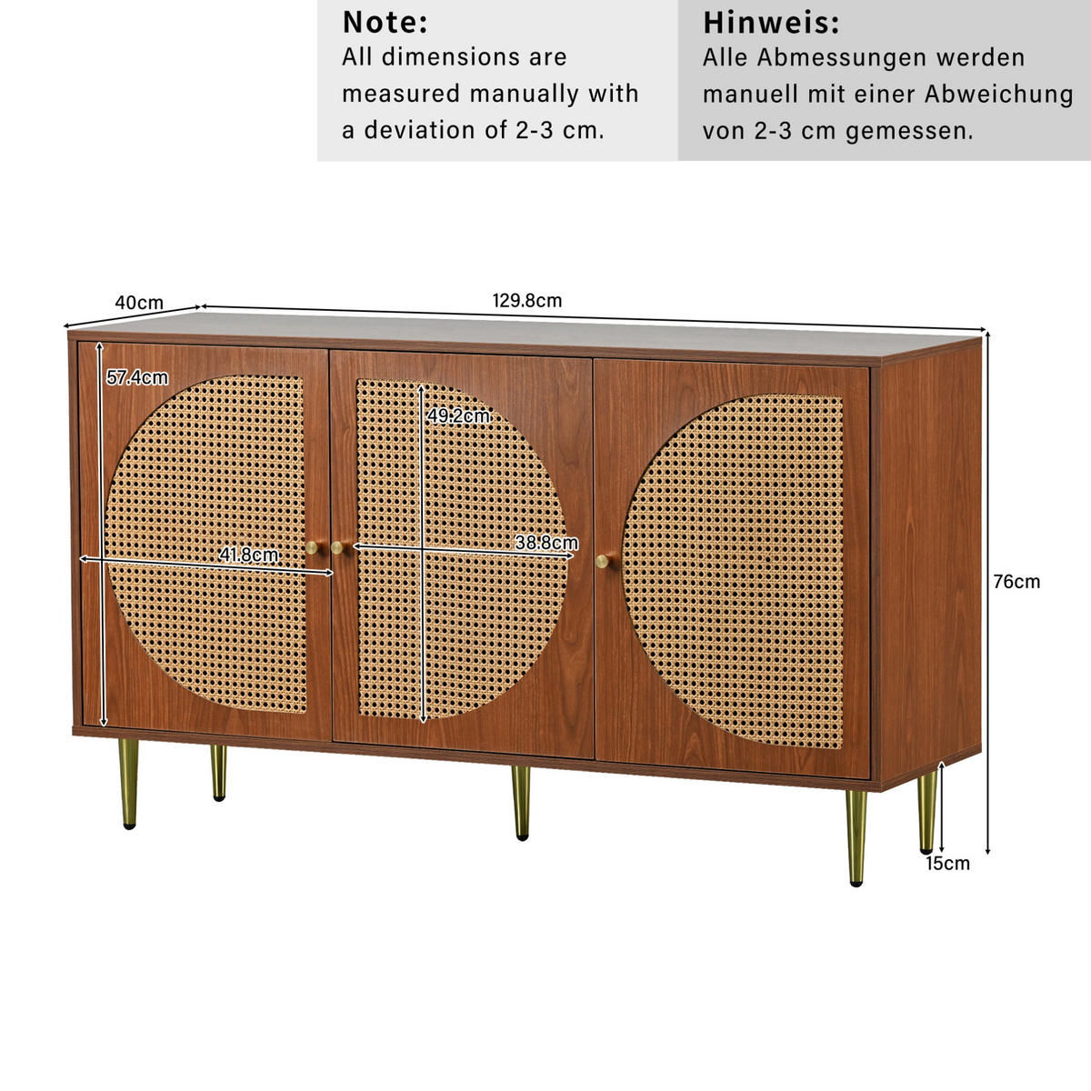 SIDEBOARD 129.8/40/76 cm Walnuss aus Spanplatte mit Rattan-Webung - Walnussfarben, Holzwerkstoff (40/76/129.8cm) - OKMYHOME