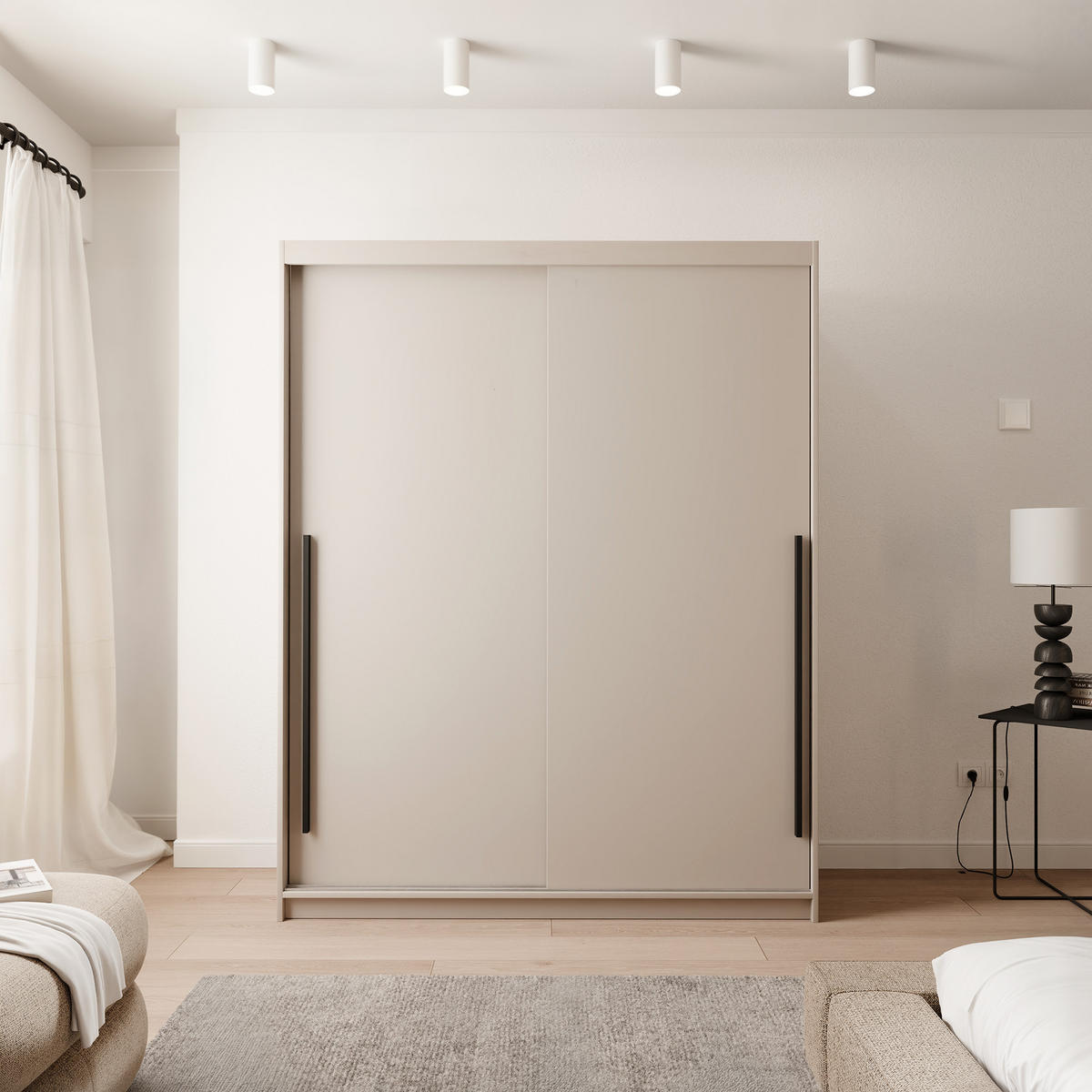 SCHIEBETÜRENSCHRANK SILENTE 160 cm mit Einlegeböden und Kleiderstange - Beige, Holzwerkstoff (160/205/60cm) - Idohome