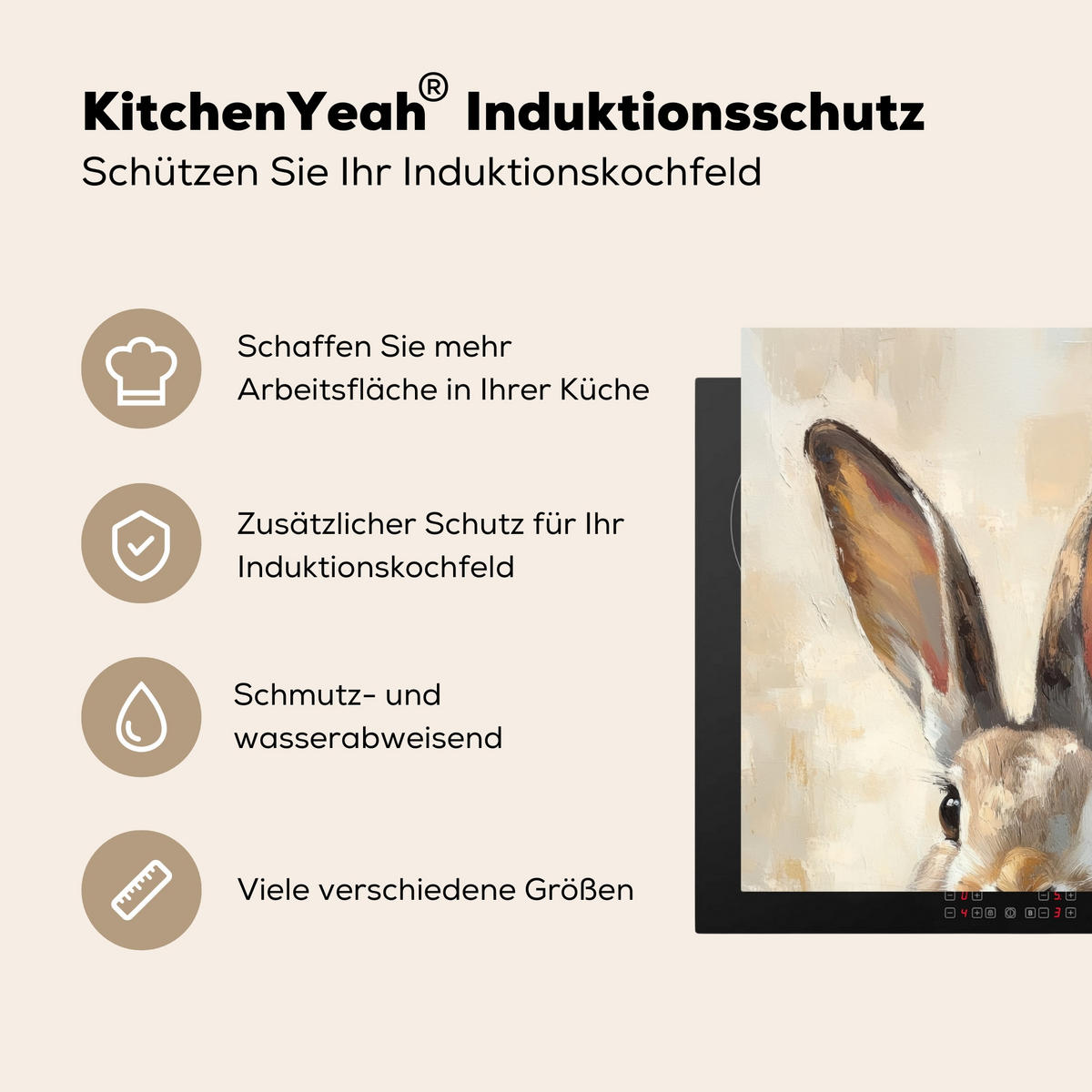 HERDABDECKPLATTE Hase - Ohren - Braun Induktionsmatte 78x78 cm - Beige, Kunststoff (78/78/0.2cm) - MuchoWow