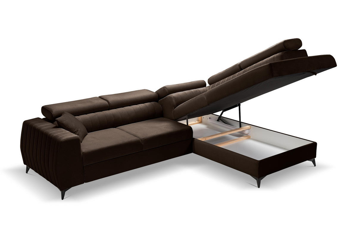ECKSOFA PIERO L Rechts mit Schlaffunktion 195x125 Velours Braun - Schwarz/Braun, Holz/Textil (203/268cm) - Muffo