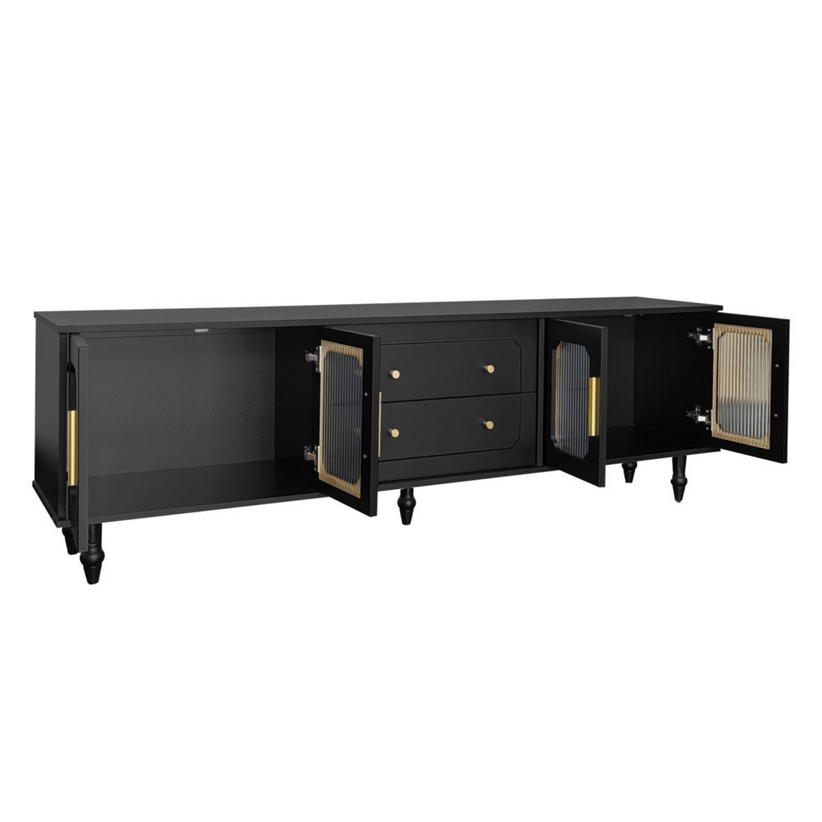 TV-SCHRANK Lowboard Retro-Stil goldene Griffe viel Stauraum Glastür Schwarz - Schwarz, Holz (48/8.5/185cm) - FLIEKS