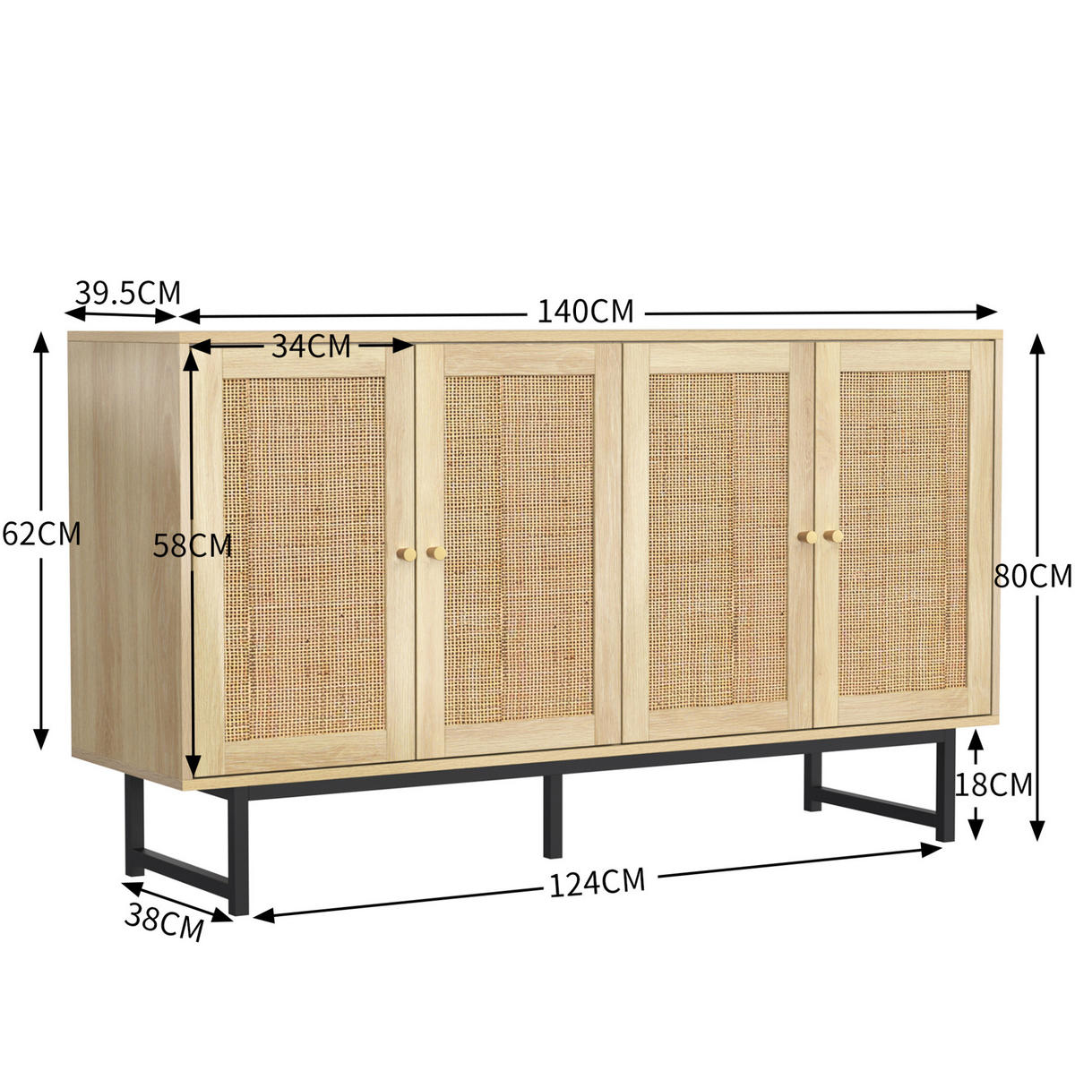 SIDEBOARD mit 4 Türen 140 x 39,5 x 80 cm Holzoptik mit Rattangeflecht - Braun, Holzwerkstoff (140/80/39.5cm) - Meubliv