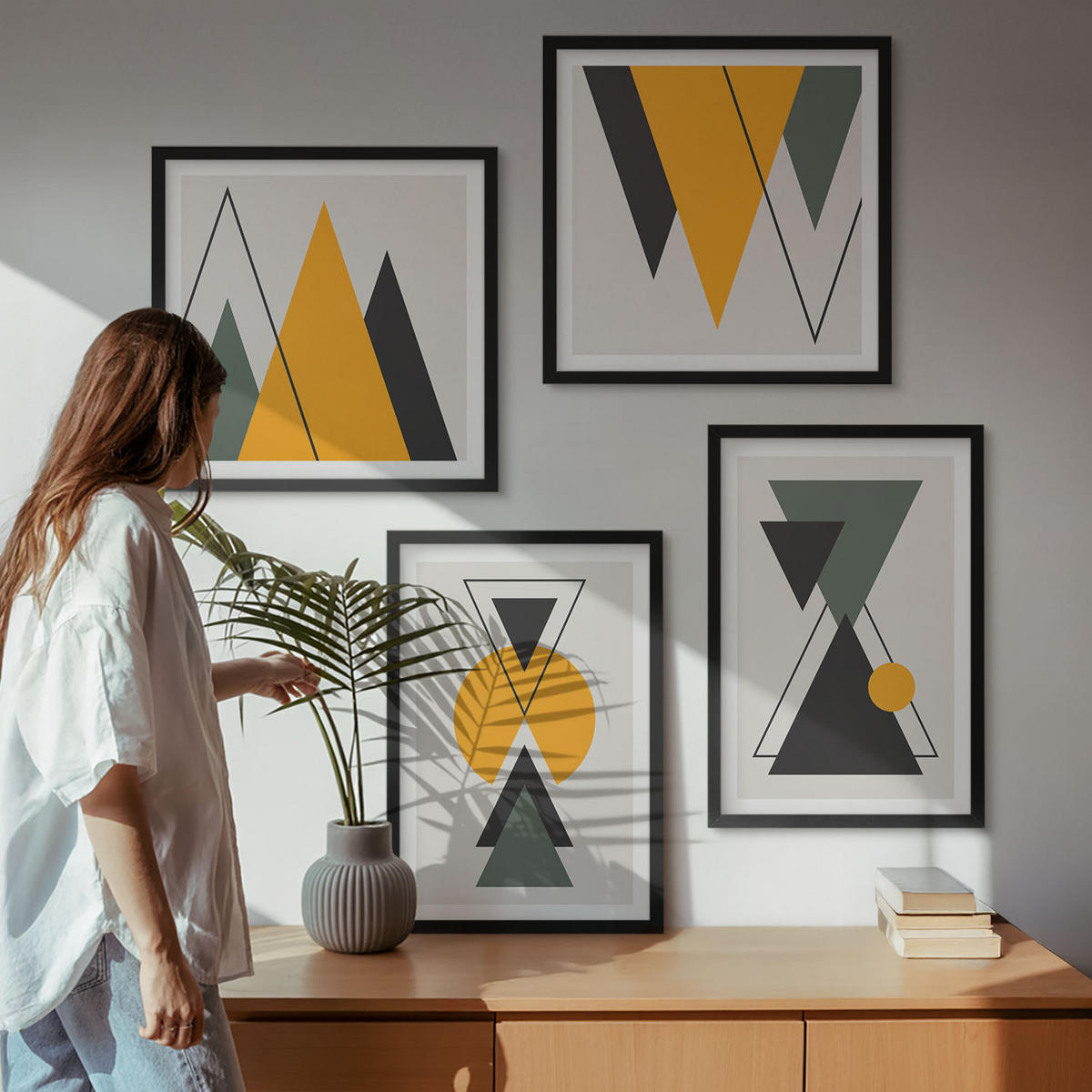 BILDER SET 4er Set - 50x50 cm & 40x60 cm Schwarzer Rahmen - Abstrakte geometrische Formen - Schwarz, Kunststoff (50/50cm) - TULUP