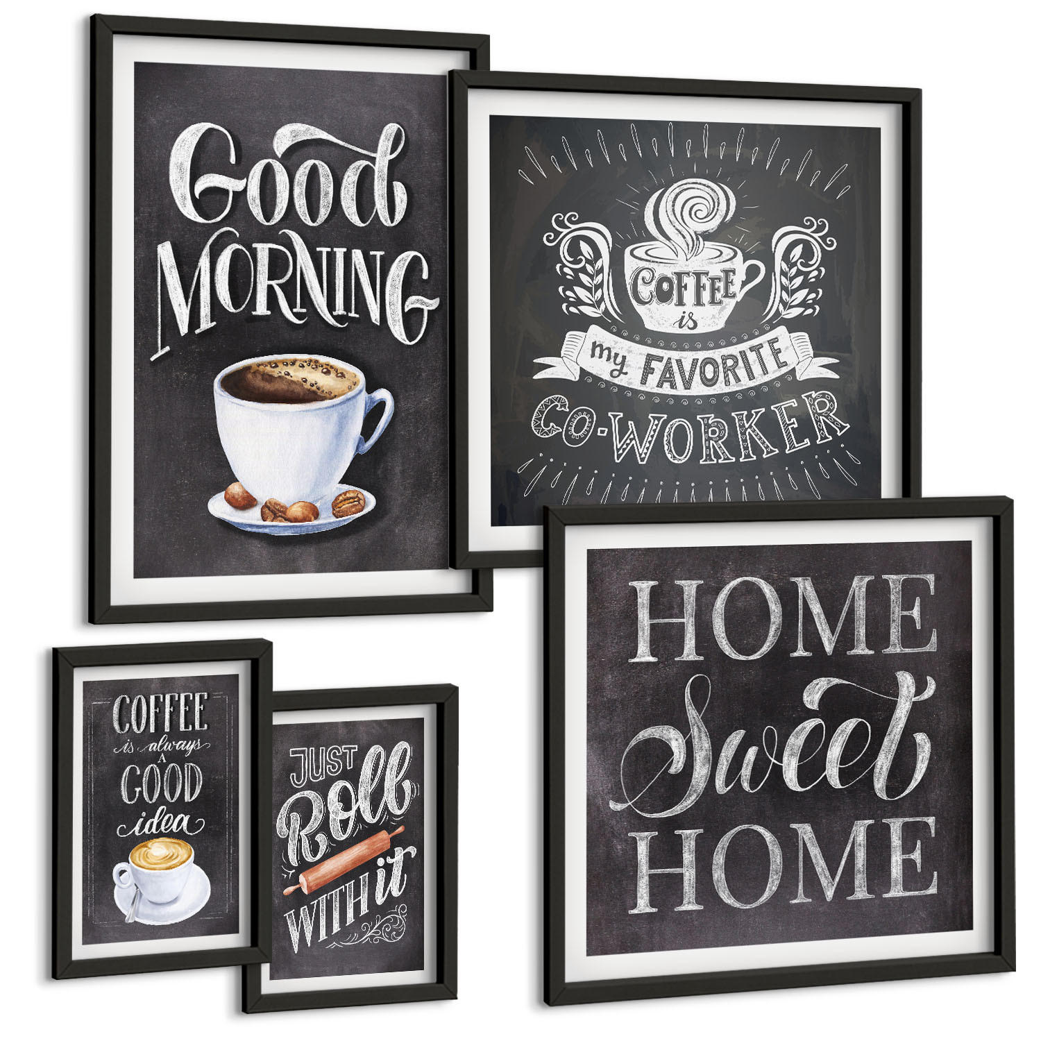 BILDER SET 5er Set - 50x50 cm & 20x30 cm & 40x60 cm Schwarzer Rahmen - Kaffeeroller, heimelige Wärme - Schwarz, Kunststoff (40/60cm) - TULUP