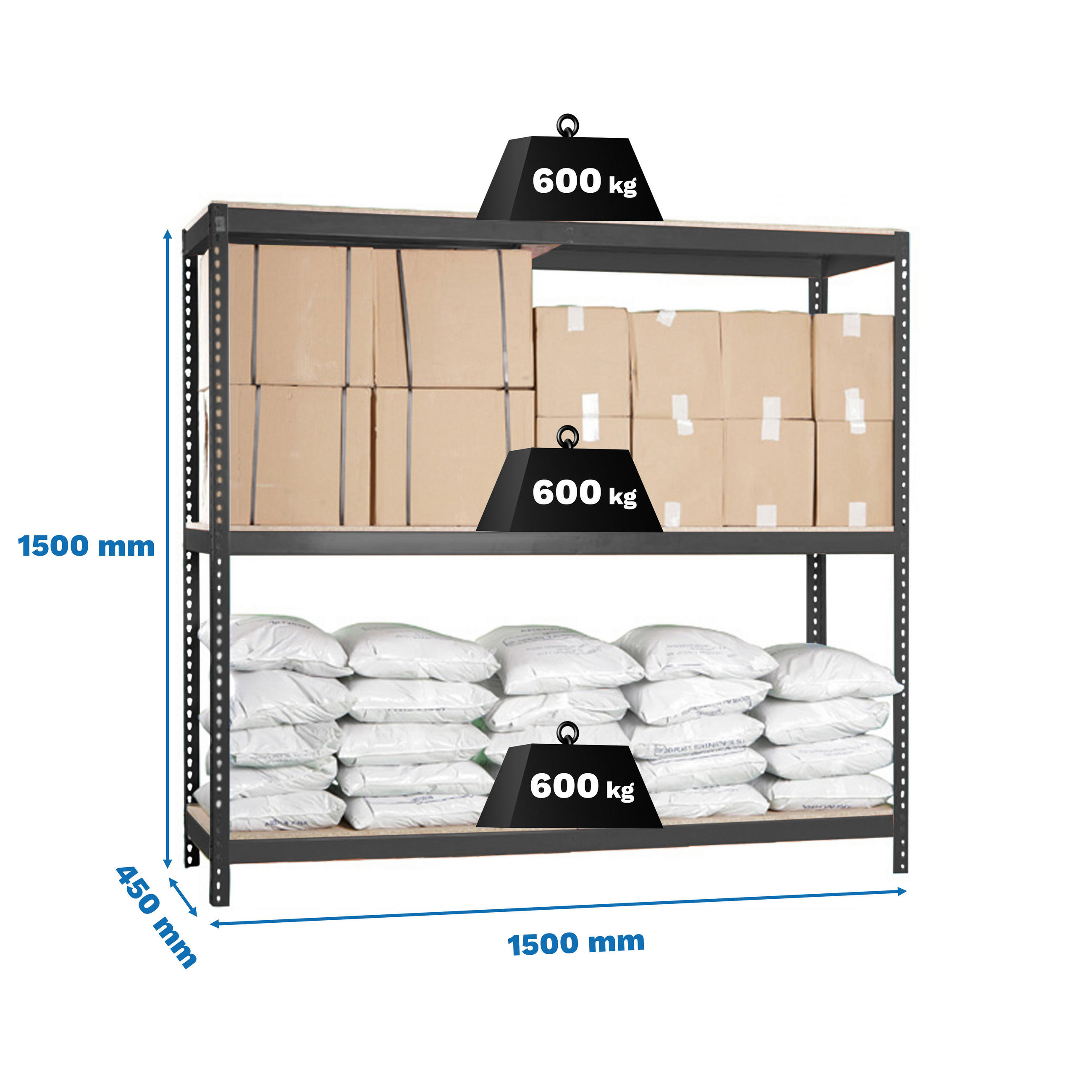 SCHWERLASTREGAL Wood Beast Three HxBxT 150 x 150 x 45 cm 3 Ebenen Fachlast 600 kg Anthrazit - Anthrazit, Metall (150/150/45cm) - PROREGAL