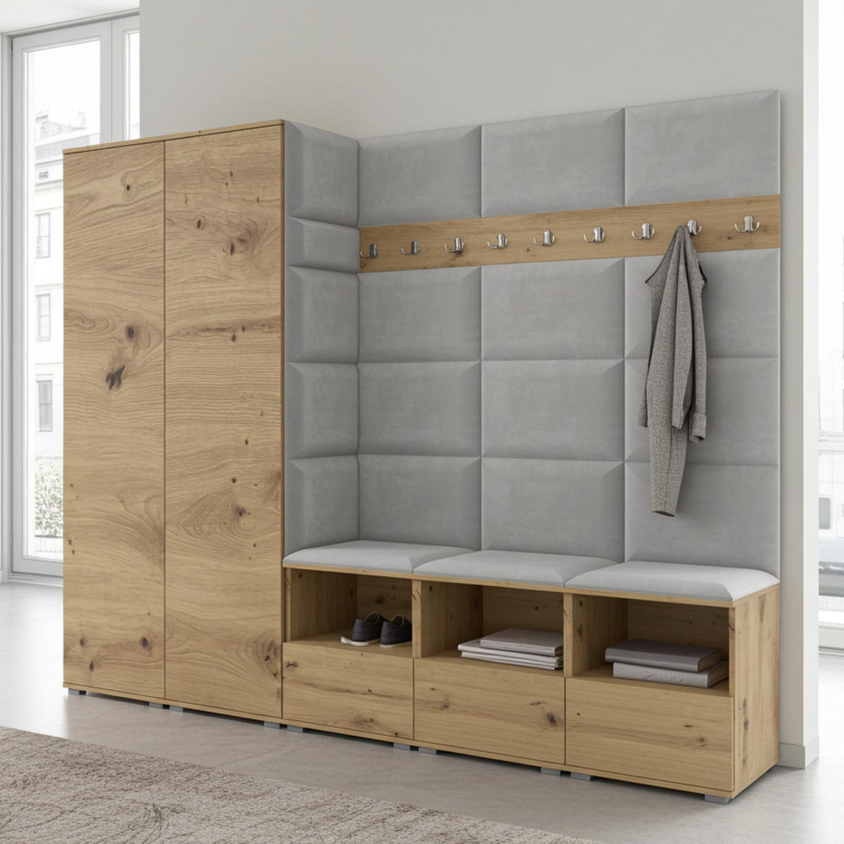 GARDEROBE NELA VII 250 cm (Modulare Flurmöbel XL Artisan Eiche mit Sitzpolster Hellgrau 32 2 Schränke) - Silberfarben/Hellgrau, Holz/Holzwerkstoff (250/187/40cm) - Ravio
