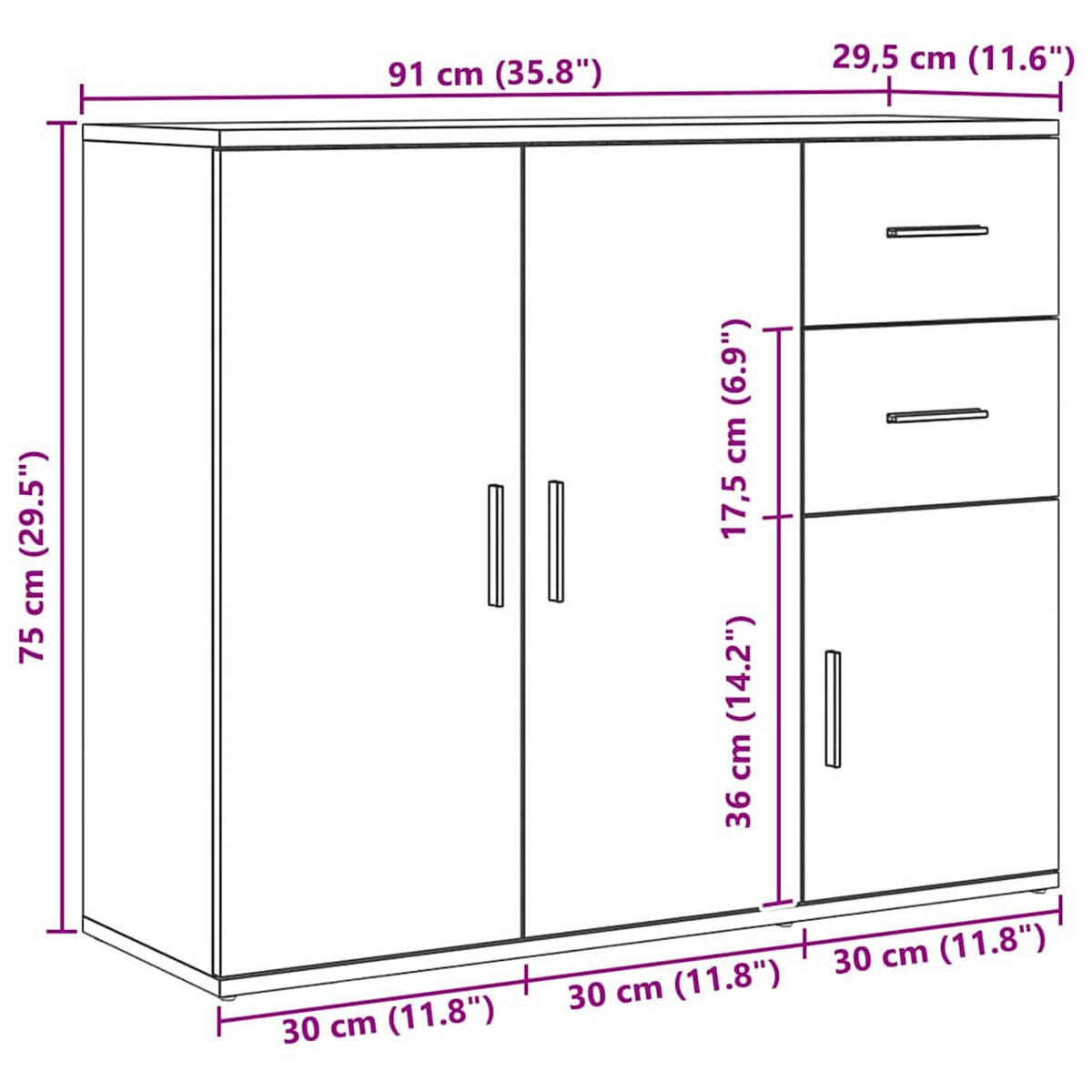 SIDEBOARD mit 3 Türen, 2 Schubladen 91/29,5/75 cm aus Holzwerkstoff Artisan-Eiche Dekor - Eiche Artisan, Holz (91/75/29.5cm) - vidaXL