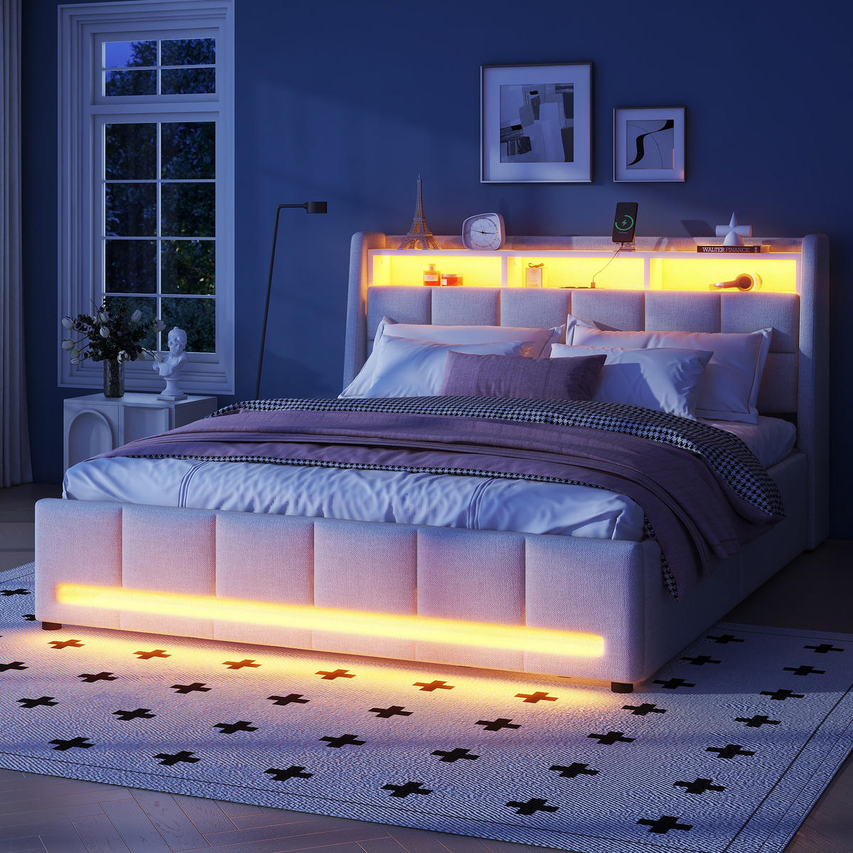 POLSTERBETT 140/200 cm beige mit LED-Beleuchtung und USB-Anschluss - Beige, Textil (140/200cm) - OKWISH