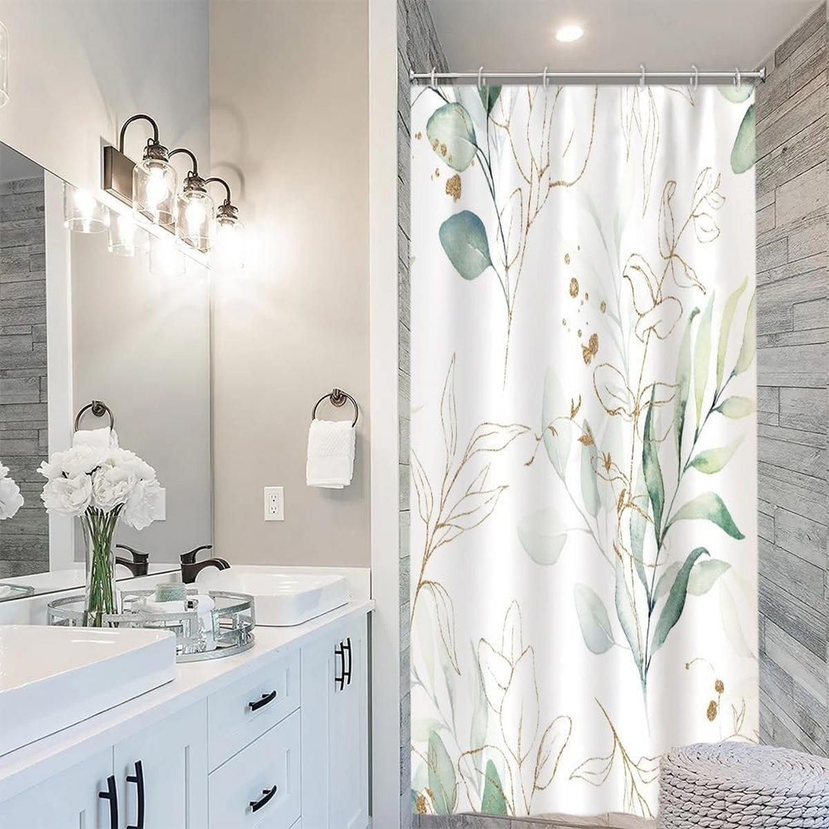 DUSCHVORHANG Blätter Badewanne schimmelresistent wasserdicht Stoff Polyester waschbar mit Haken 90 x 180 cm - Grün, Textil (180/90cm) - MCBOSON