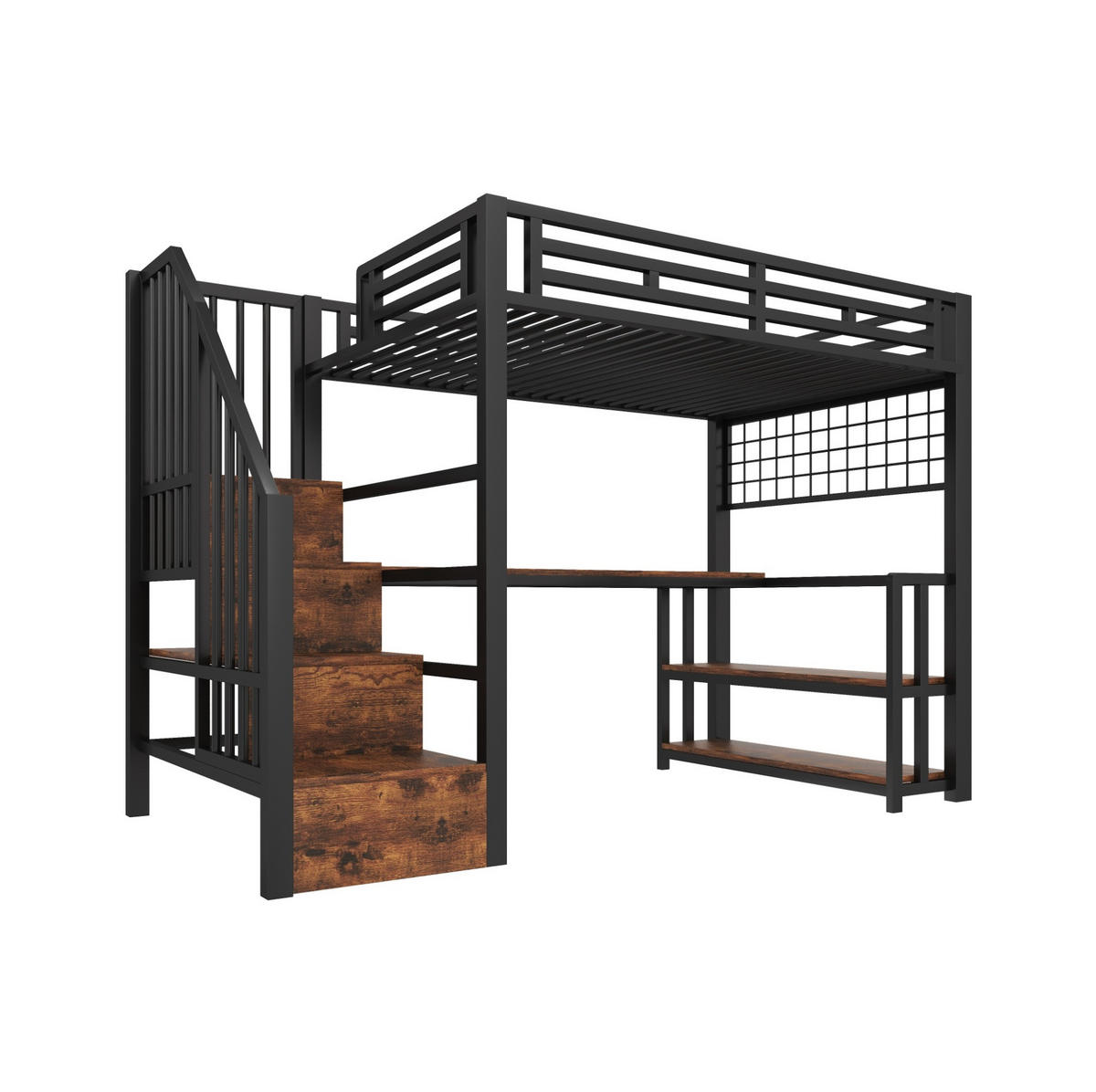 HOCHBETT 90/200 cm aus Metall mit Schreibtisch, Stauraumtreppe und LED Schwarz - Schwarz, Metall (90/200cm) - Modenvie