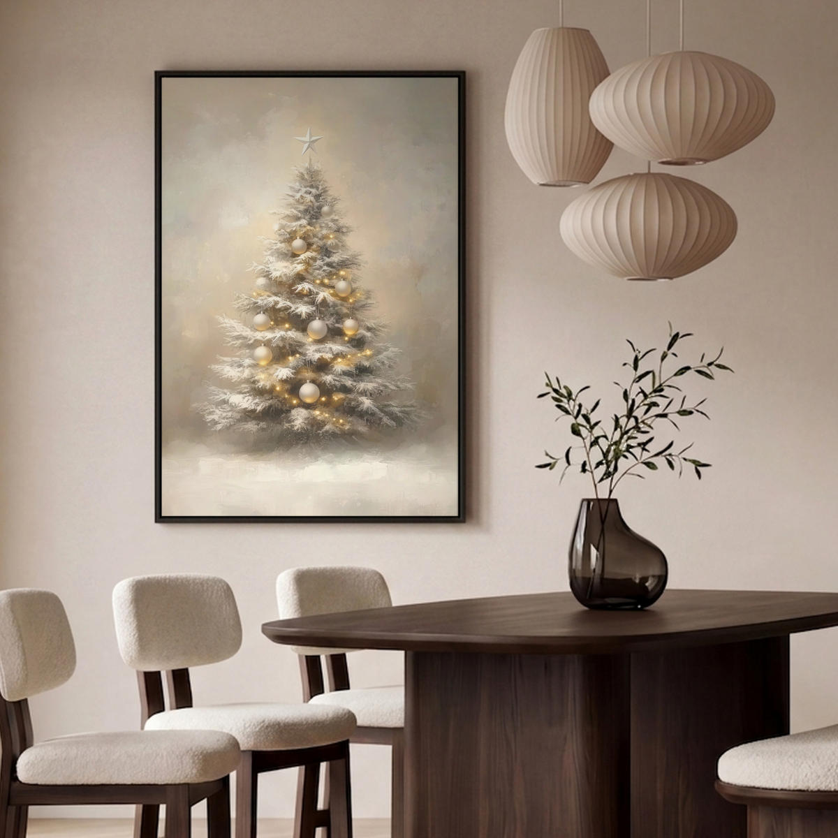 LEINWAND Bilder mit Rahmen - Weihnachten - Weihnachtsbaum - Schnee - Kunst - 80x120 - Champagner, Textil (80/120cm) - MuchoWow