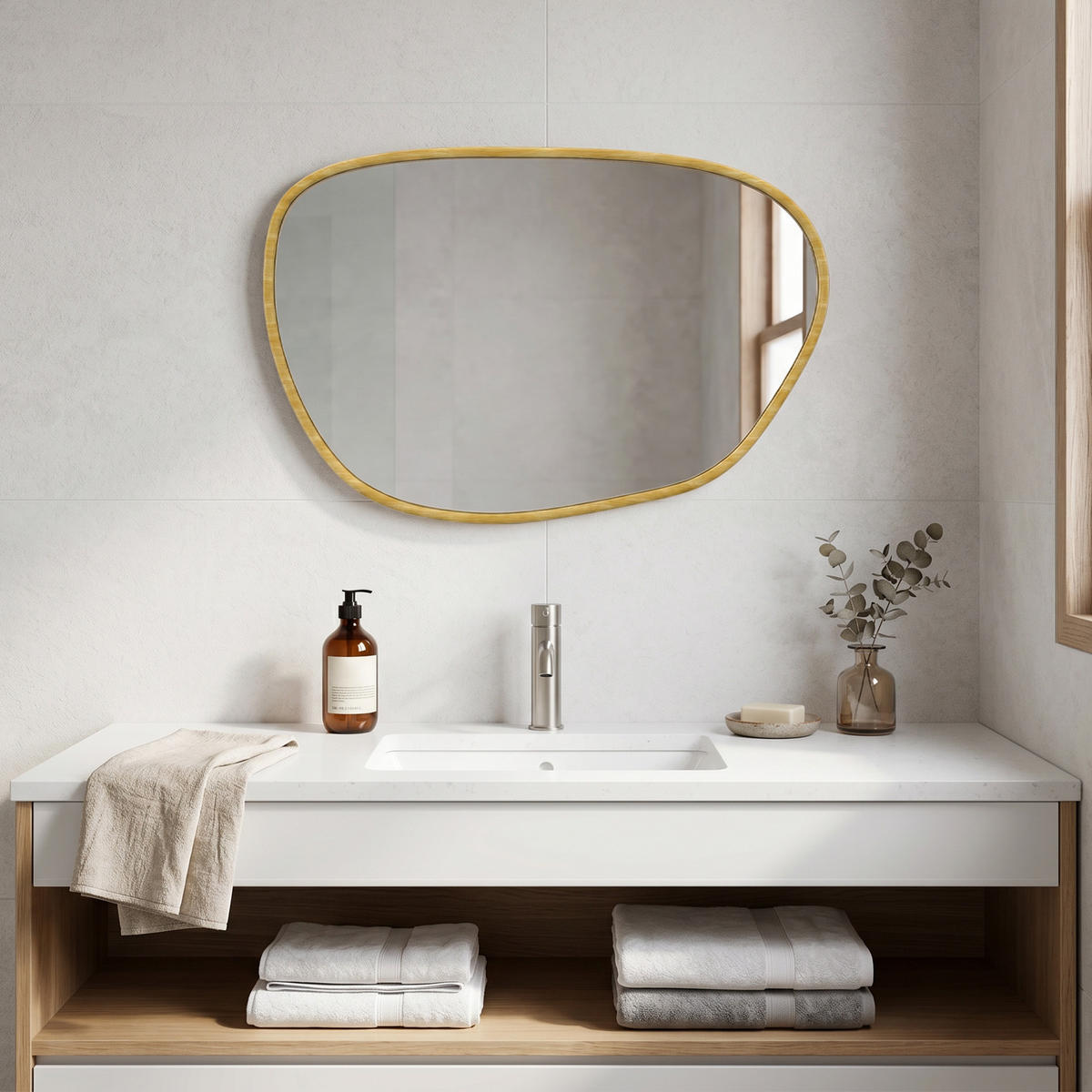 WANDSPIEGEL DE-14384 asymmetrisch mit Holzoptik-Rahmen Natur - Naturfarben, Kunststoff (60/90/2.5cm) - ComfortXL