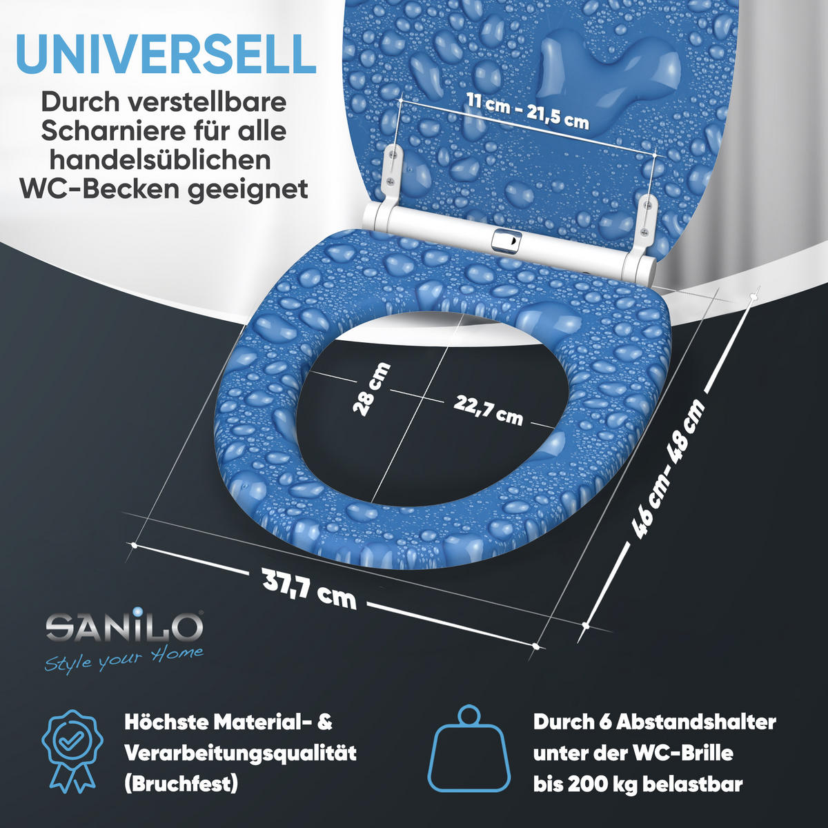 WC-SITZ mit Absenkautomatik & Top Fix Tautropfen Blau - Blau, Holzwerkstoff (37.7/5.5/48cm) - Sanilo