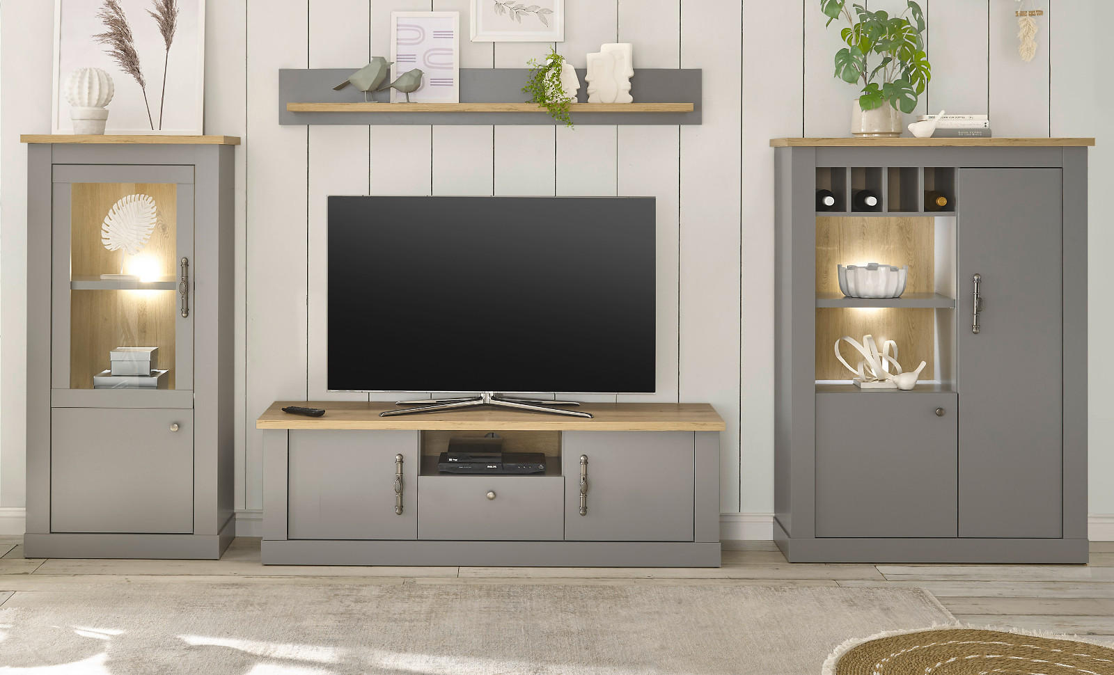 WOHNWAND grau, Artisan Eiche 4-teilig 346 cm, Wohnkombination im Landhaus-Stil - Silberfarben/Hellgrau, Holzwerkstoff/Metall (346/170/44cm) - Furn.Design