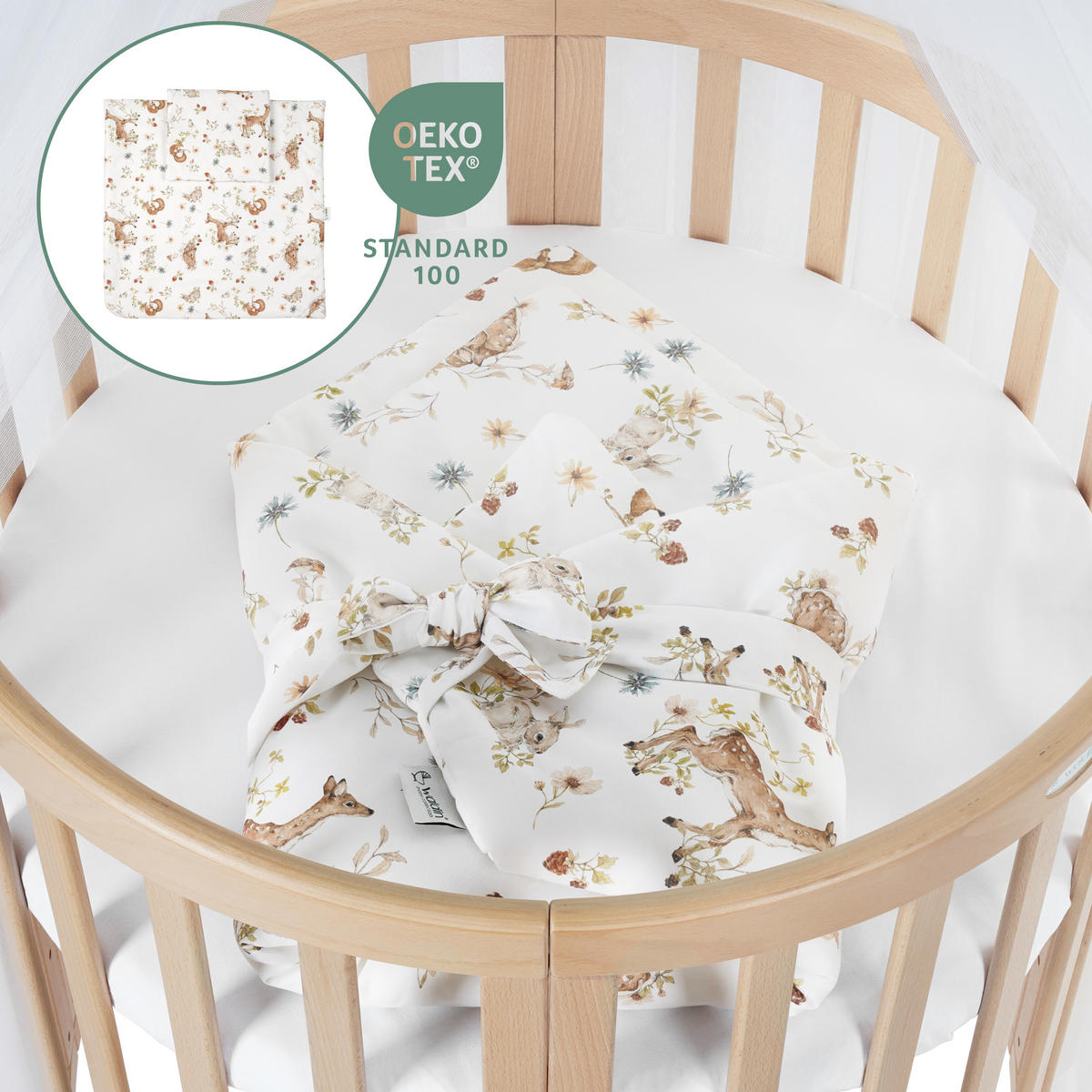 BABYBETT NATUR OVAL 7in1 mit Matratze und Himmelset - Multicolor/Naturfarben, Holz/Textil