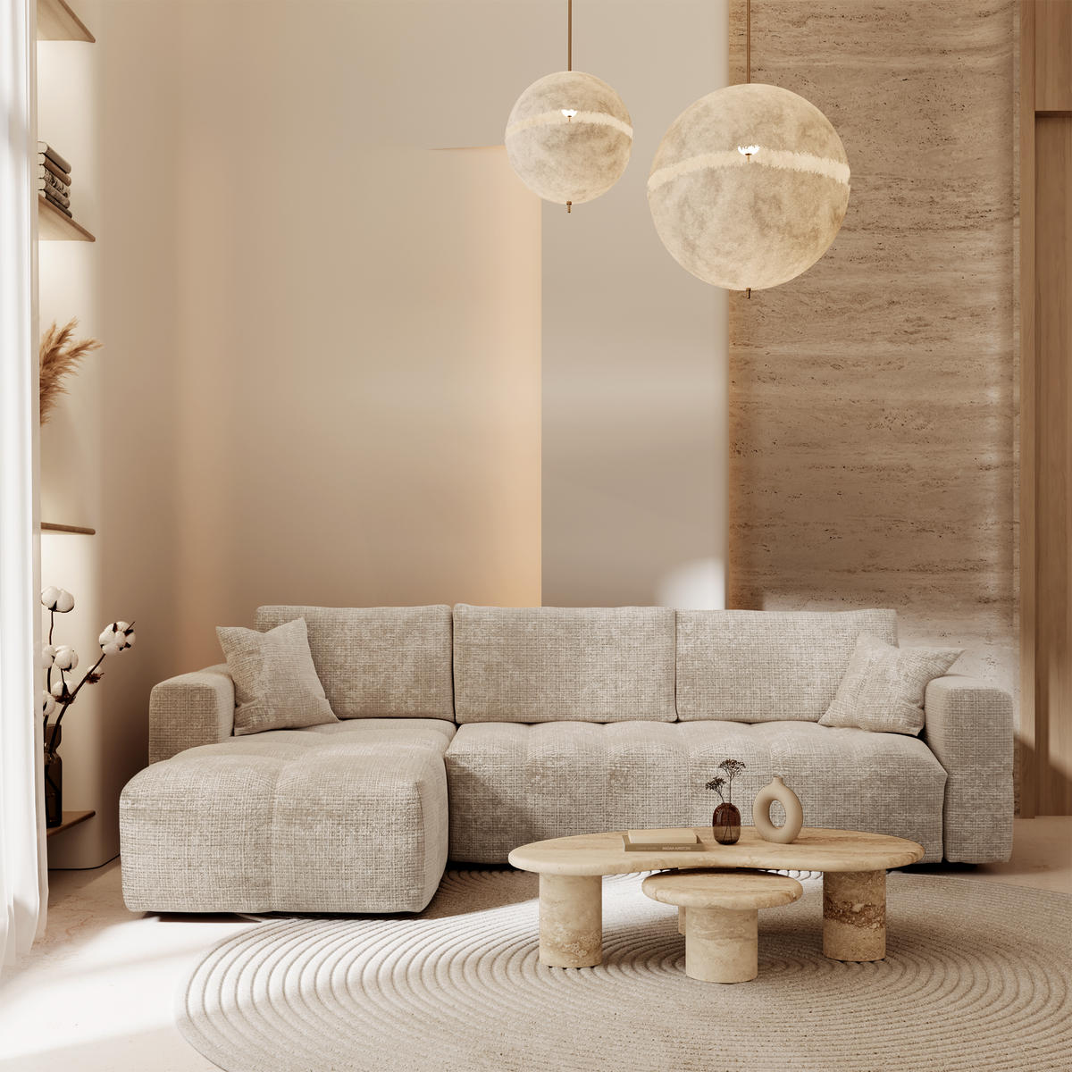 SCHLAFSOFA Express VIBE Geprägter Samt Beige 286cm - Beige, Textil (286/165cm) - Premium Interiors