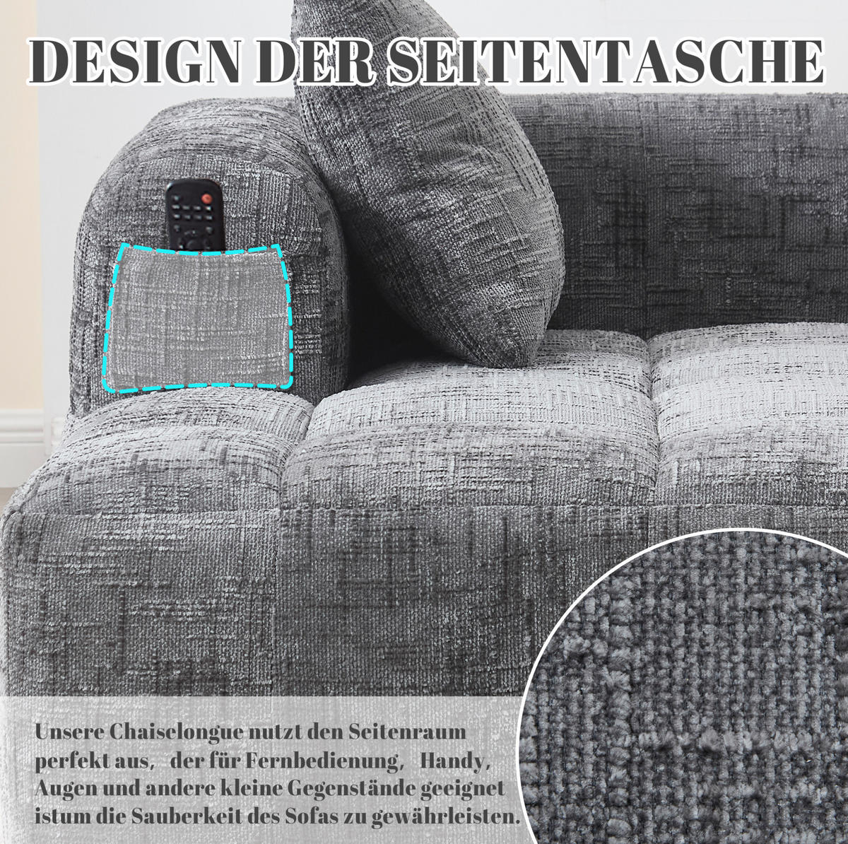 SOFA s ležaljkom, 158/90/60 cm, ženil siva, s bočnim džepovima i jastukom - siva, tekstil (60/158/90cm) - BEAOK
