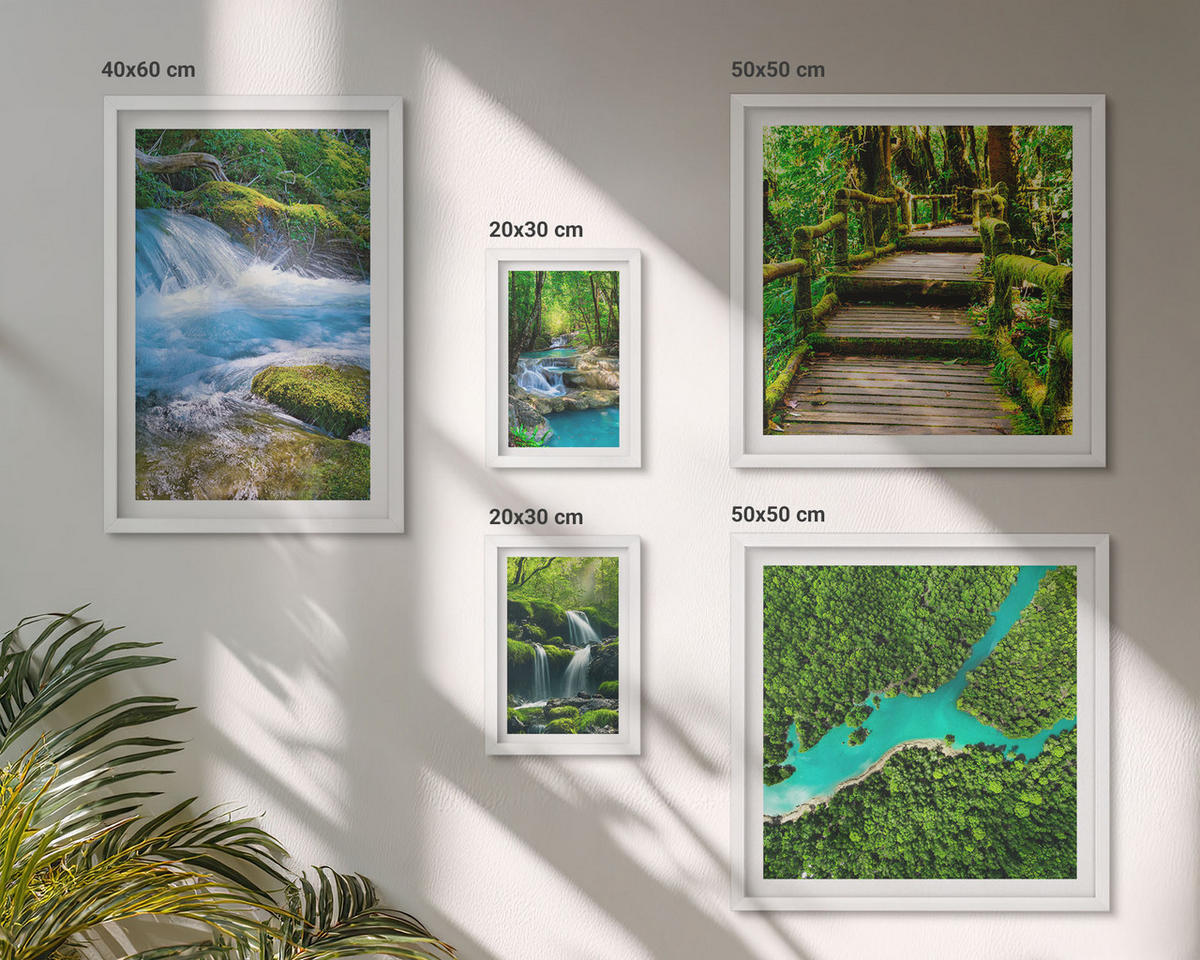 WANDBILDER 5er-Set - 50x50 cm & 20x30 cm & 40x60 cm Weißer Rahmen - Grüne Berge, Flussfelsen - Weiß, Kunststoff (40/60cm) - ArtPrintCave
