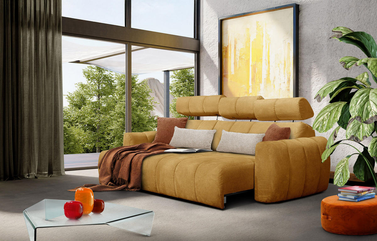 ECKSOFA KIMI 3-Sitzer, ausziehbarer Sitz, verstellbare Kopfstützen, senfgelb - Gelb/Schwarz, Holzwerkstoff/Textil (270/160cm) - Courtois Laville