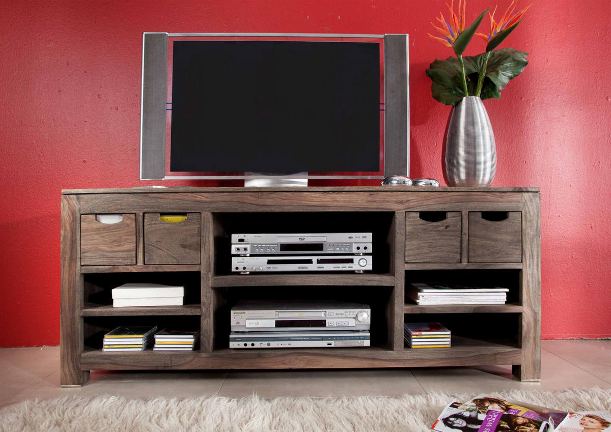 TV-BOARD Sheesham 148x50x62 grau geölt NATURE GREY #40 - Grau, Holz (148/62/50cm) - Massivmoebel24