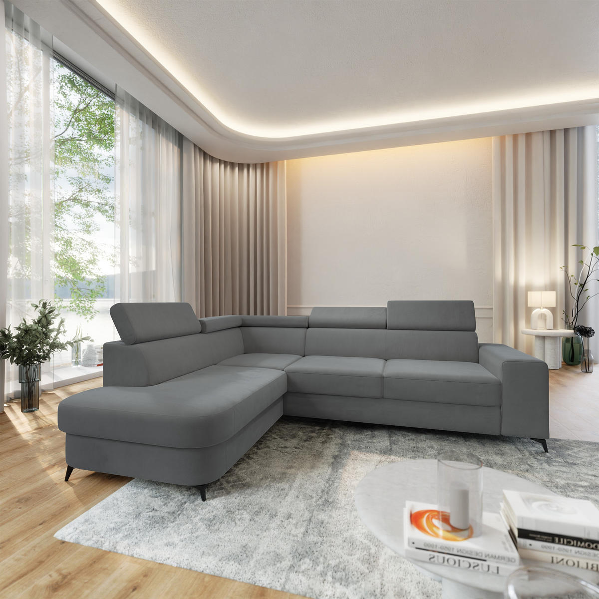 ECKSOFA ALVORO L-S Grau Velours-Stoff mit Schlaffunktion - Grau, Holz (253/190cm) - MASSENO