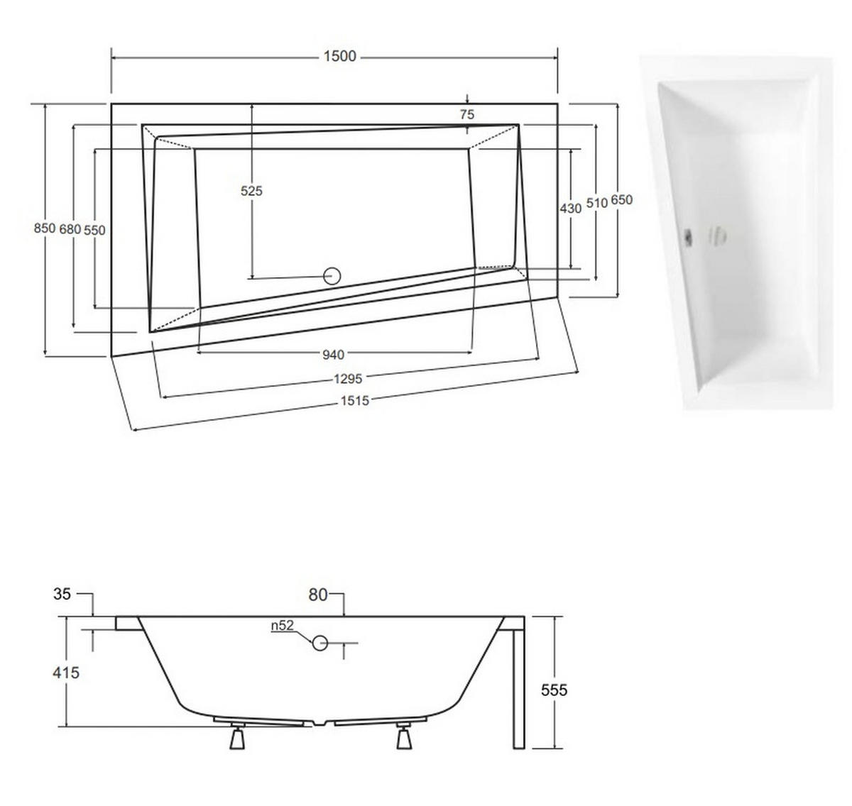 BADEWANNE Eckwanne INTIMA 150/85 Links + Schürze + 2 Kopfstützen KODI Ablauf Füße - Weiß, Kunststoff (85/55.5/150cm) - bad land