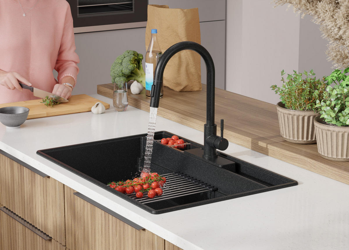 SPÜLBECKEN New York, 2-er set Anthrazit 78/53 cm 1 Becken + Ablauf-Set + Küchenzubehörset ab 80er Unterschrank - Chromfarben/Anthrazit, Kunststoff (78/20/53cm) - Primagran