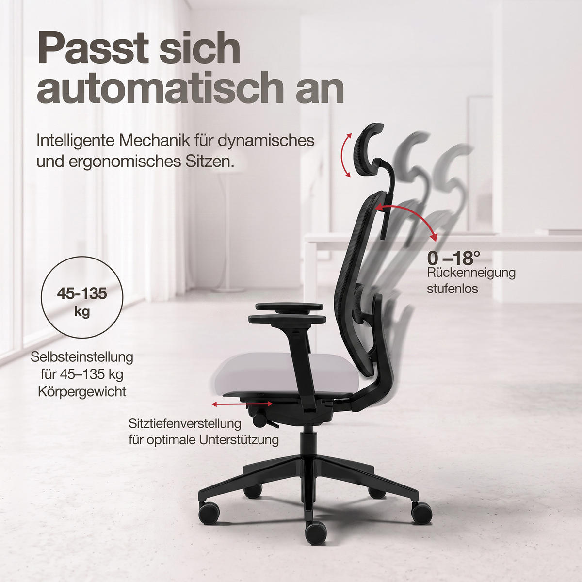 DREHSTUHL Ergonomischer Bürostuhl Atessa mit Netzrücken und Kopfstütze / Mit Kopfstütze Hellgrau Netzrücken für Luftzirkulation - Hellgrau, Textil (62.5/120.5/45cm) - ASSMANN