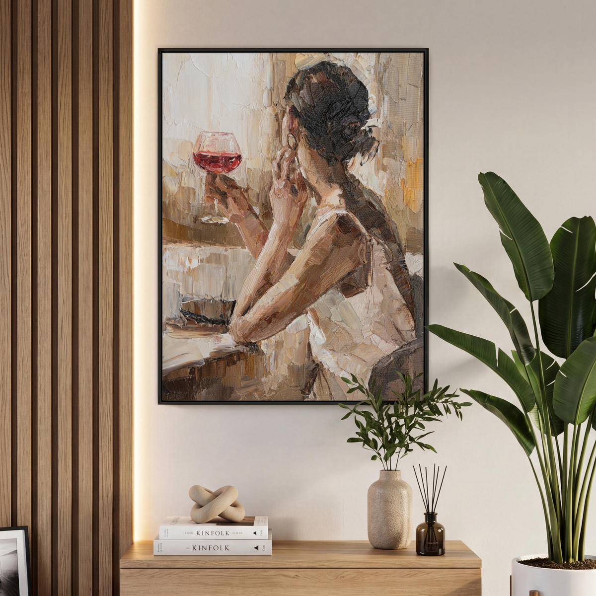 LEINWAND Bilder mit Rahmen - Ölgemälde - Frau - Wein - 70x100 - Hellbraun, Textil (70/100cm) - MuchoWow