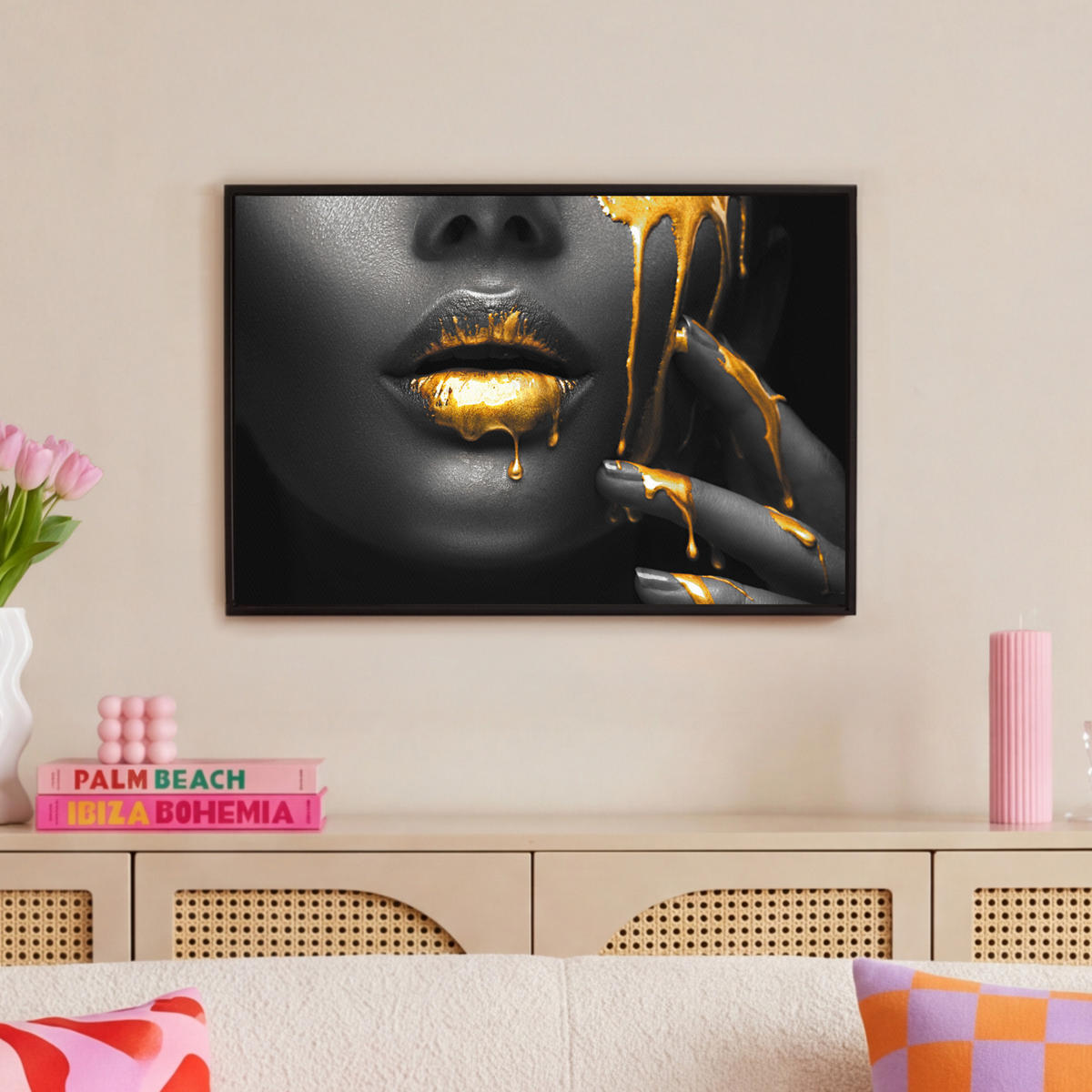 LEINWAND Bilder mit Rahmen - Frau - Schwarz - Gold - Gesicht - Lippen - 60x40 - Goldfarben, Textil (60/40cm) - MuchoWow