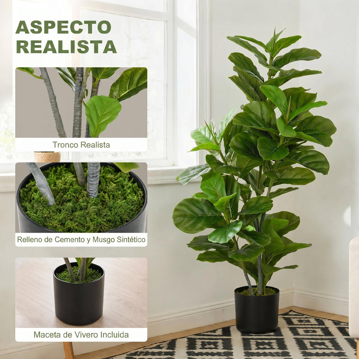 KUNSTPFLANZE, Künstlicher Ficus 110 cm, 90 Blätter, Moos & Topf, für drinnen & draußen, Grün - Multicolor, Kunststoff (110cm) - FORIOUS