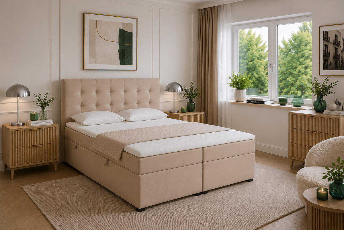 BOXBETT VELLIS mit Topper und Bettkasten, Beige, 180x200 cm - Beige, Textil (180/200cm) - KS Home Concept