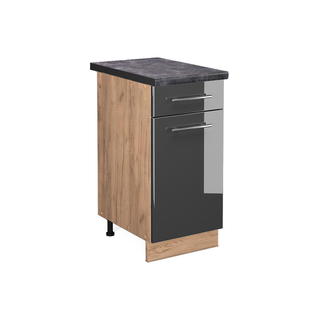 KÜCHENUNTERSCHRANK Fame-Line Anthrazit Hochglanz 40 cm, AP Anthrazit - Honigeiche/Schwarz Hochglanz, Holzwerkstoff (40/82/60cm) - Vicco