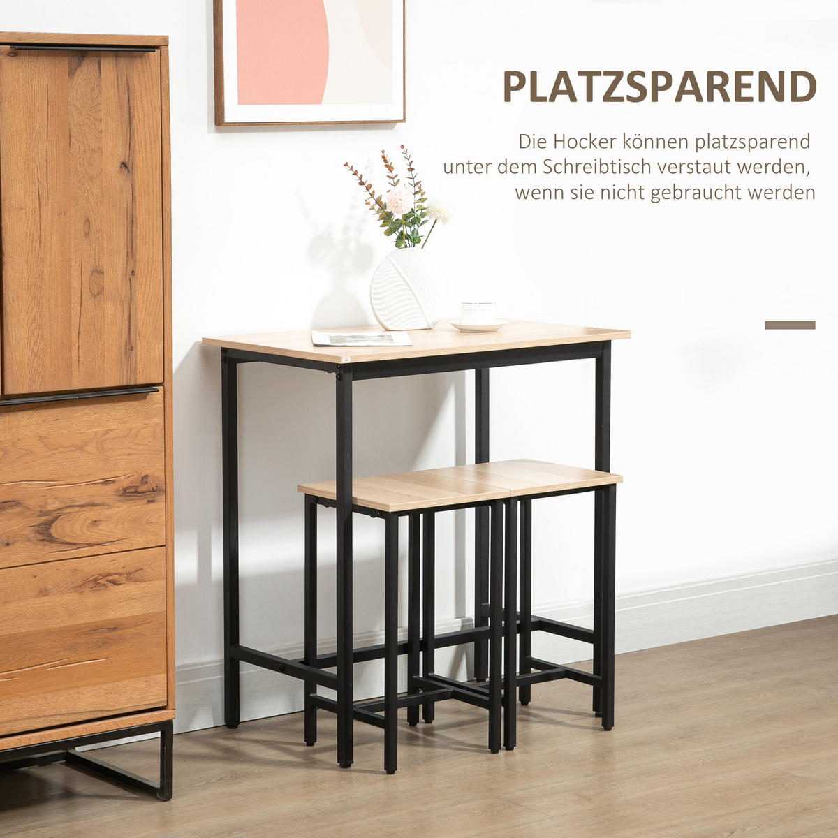 BARTISCH-SET, Spanplatte, Natur+Schwarz - Naturfarben, Kunststoff (50/85/80cm) - HOMCOM