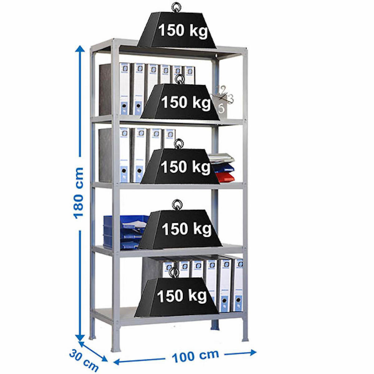 WOHNREGAL LIVING KOALA METAL mit 5 Fachböden | HxBxT 180x100x30cm | Fachlast 150kg | Grau/Grau - Grau, Metall (100/180/30cm) - PROREGAL